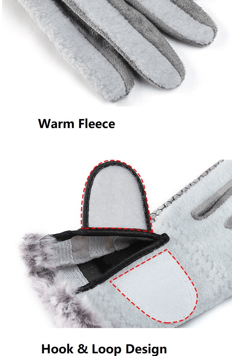 Close-up of stylish women's warm gloves showing anti-slip fleece and hook & loop design for secure fit and flexibility.